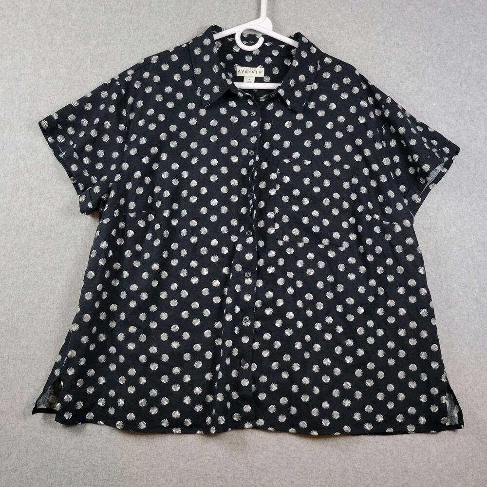 NWT Ava & Viv Linen Blend Black Seashell SS Button Up Shirt Women's Plus XXL